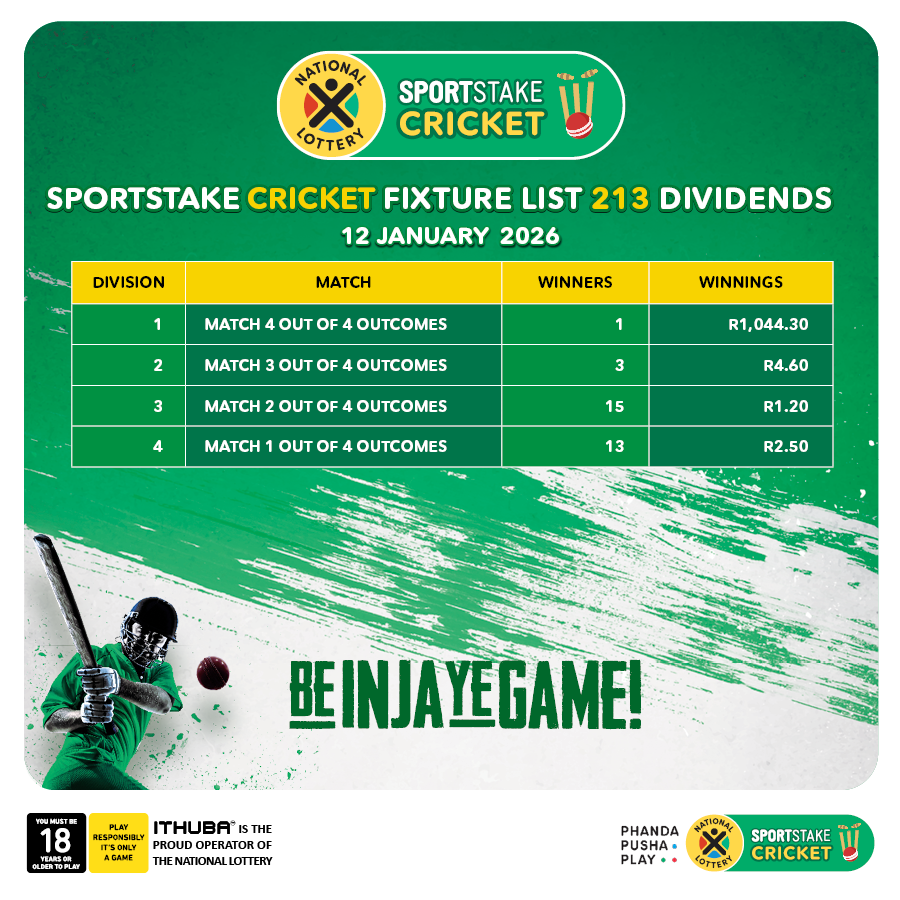 sa_lottery26's tweet photo. Here are the #SPORTSTAKE CRICKET #FixtureResults, #Dividends for list 213 & #Fixturelist 214 with a Guaranteed Jackpot of R1,000
Congratulations to the winner of R1044 You are #InjaYeGame.
Players must be 18 years or older, play responsibly. https://t.co/7X2Yobz5dM
