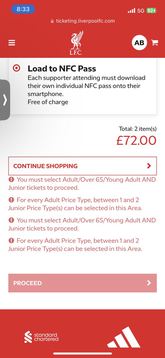 kplfc20's tweet photo. I’m getting error even though I’ve selected correct price category??? https://t.co/imbDiZ2jg9