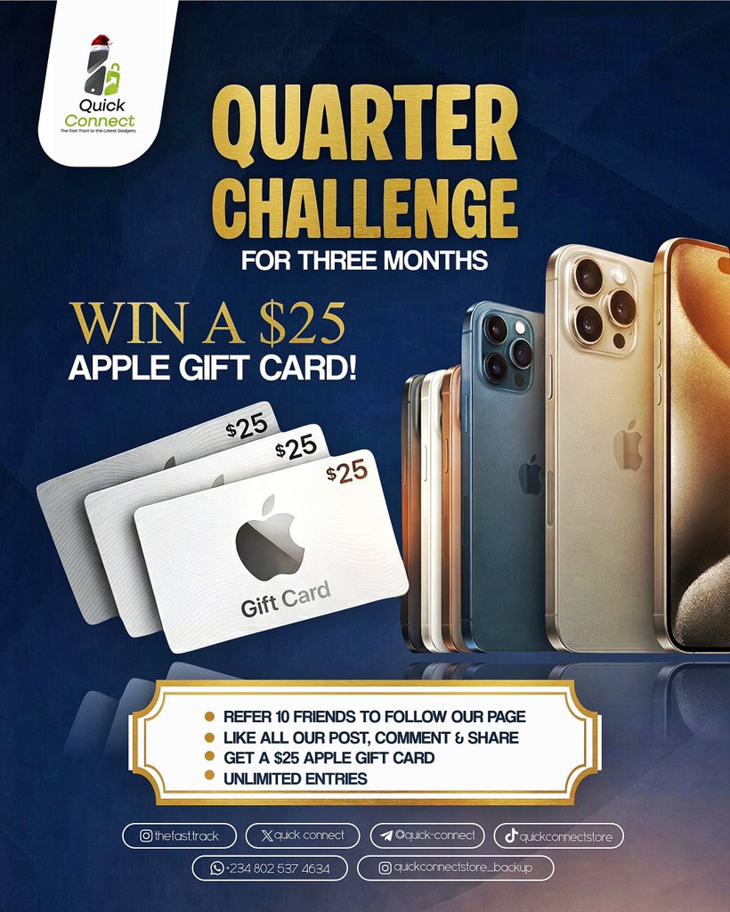 quickconnect001's tweet photo. 3 Months Challenge Alert! 🚨
Follow, engage, and win a $25 Apple Gift Card! 🍎💳
Are you ready to prove you know your phones? #QuickConnectChallenge #WinBig https://t.co/ib9h7FsoQo