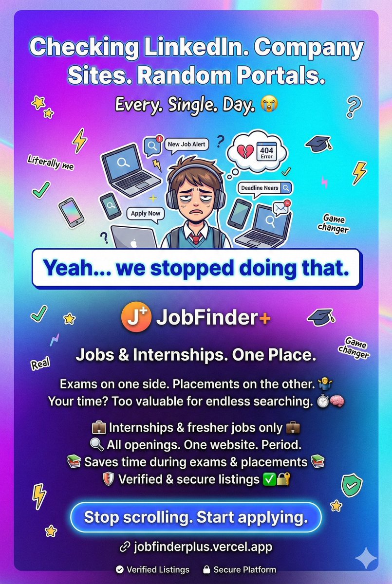 BollapallyKumar's tweet photo. JobFinder+ brings jobs and internships from multiple platforms into one place, marks new openings, saves time, and helps students never miss opportunities.
Link: https://t.co/9maPmTI091 
#twitter #Instagram https://t.co/cDWnoJLsex