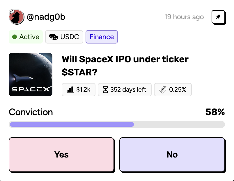 ❌⭕New and unusual market on <a href="/xodotmarket/">XO Market</a> 👀
Will SpaceX IPO under the ticker $STAR?
One of the most anticipated IPO questions in tech and space. SpaceX remains private, but speculation grows as revenue and influence expand❌⭕
<a href="/AiraaAgent/">Airaa HQ 🌸</a>