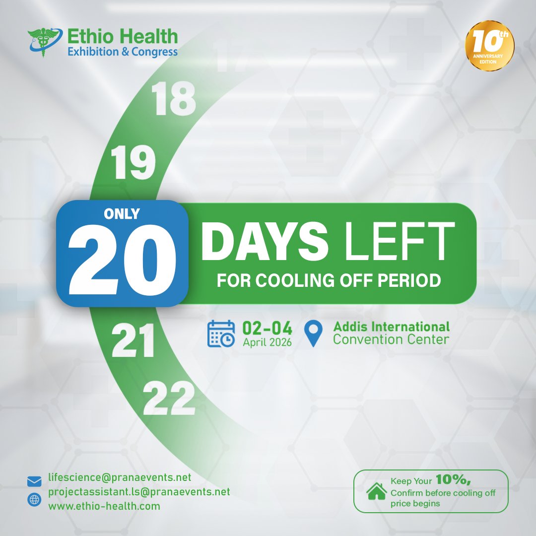 The Countdown Has Begun - Only 20 Days to Go!

Event Details
📅 April 02–04, 2026
📍 Addis International Convention Center (AICC)

Position your brand at the forefront and help shape the future of healthcare.

Register for a stand:
ethio-health.com/apply-for-a-st…