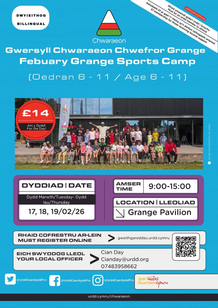UrddCaerdyddFro's tweet image. Welsh 🏴󠁧󠁢󠁷󠁬󠁳󠁿 
Gwersyll Chwaraeon Chwefror Grange i blant 6–11 ⚽🏀 17–19 Chwefror. 
 
English 🇬🇧 
February Grange Sports Camp for ages 6–11 ⚽🏀 17–19 Feb. 

Cofrestru/ Book online: gweithgareddau.urdd.cymru/eventgroup/c4d…

 #Urdd #SportsCamp #Chwaraeon