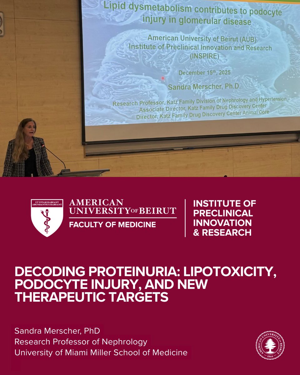 INSPIRE_aub's tweet photo. An insightful seminar by Dr. Sandra Merscher, Research Professor of Nephrology at the University of Miami Miller School of Medicine, highlighting how lipotoxic stress contributes to podocyte injury and proteinuria. 
#nephrology #SeminarSeries #inspire #AUBMedicine #aub https://t.co/t6yNgW50oP