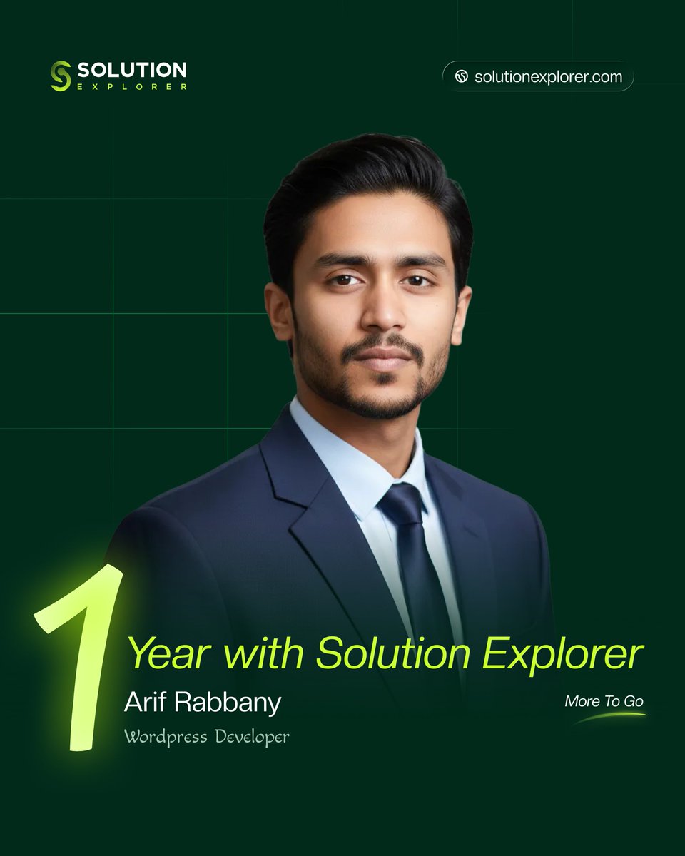 solutionxplr's tweet photo. 1 Year with Solution Explorer 💚

Arif Rabbany is more than a WordPress Developer—
he’s a problem solver, a learner, and a true team player.
Through challenges and wins, his dedication made a difference.
This is just the beginning. 🚀

#SolutionExplorer #Teamwork https://t.co/yloHjbJwx9