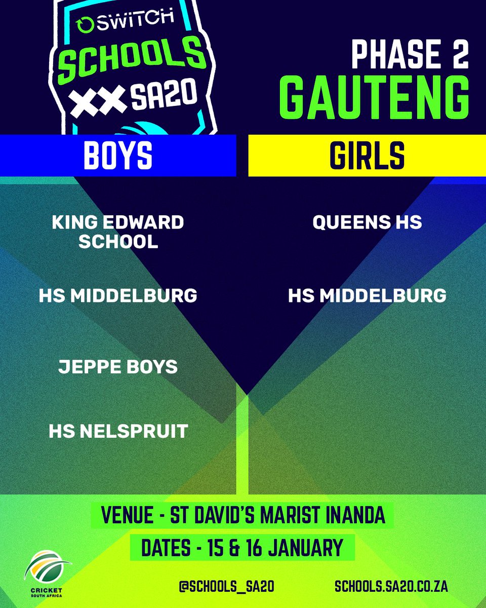 𝐖𝐄'𝐑𝐄 𝐁𝐀𝐂𝐊‼️Are you ready for Phase 2? 🏏

Who will represent Gauteng❓
Just 1 Boys team and 1 Girls team will make it to the #SwitchSchoolsSA20 National Final 🏆