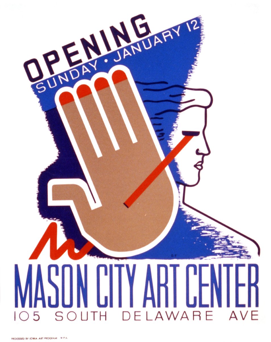 LRonLacy's tweet photo. #OTD in 1941
‘Opening Sunday January 12 [1941] Mason City Art Center, 105 South Delaware Ave’
Iowa Art Program WPA. 1941.
#WPA #FederalArtProject #IowaArtProgram #WPAposters #MasonCity #Iowa #graphicart #posterdesign #graphicdesign https://t.co/djxSIM6JJs
