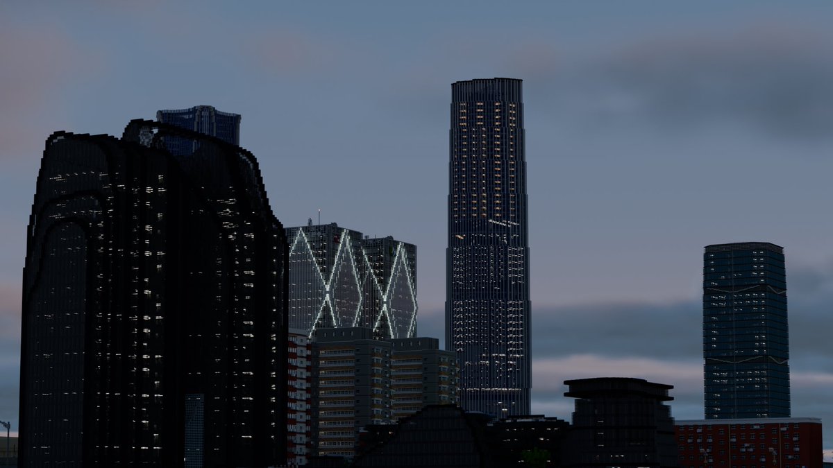 個人的に好きな時間帯でレンダリング。
日没直後の淡い青空と高層ビルとの相性が良すぎる。