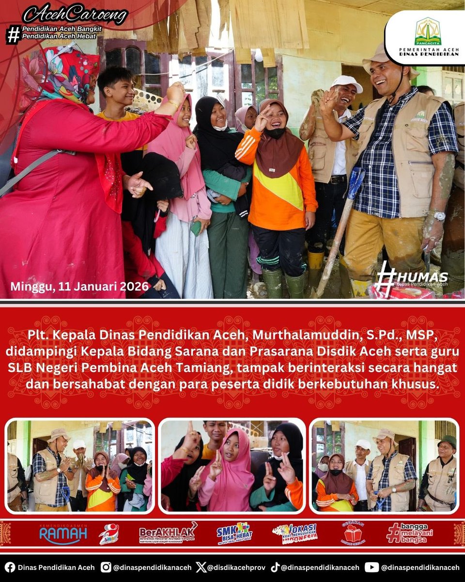 disdikacehprov's tweet photo. Bersama Berkeringat dan Berlumpur, Semangat Pantang Kendur. Gaspol 🤩

Interaksi hangat bersahabat antara Plt. Kadisdik Aceh, Murthalamuddin, S.Pd., MSP bersama guru dan siswa/i berkebutuhan khusus SLBN Pembina Aceh Tamiang disela-sela kegiatan Disdik Aceh Seumeugleh. 👍🫰🫰🫰 https://t.co/HZxynqtKHN