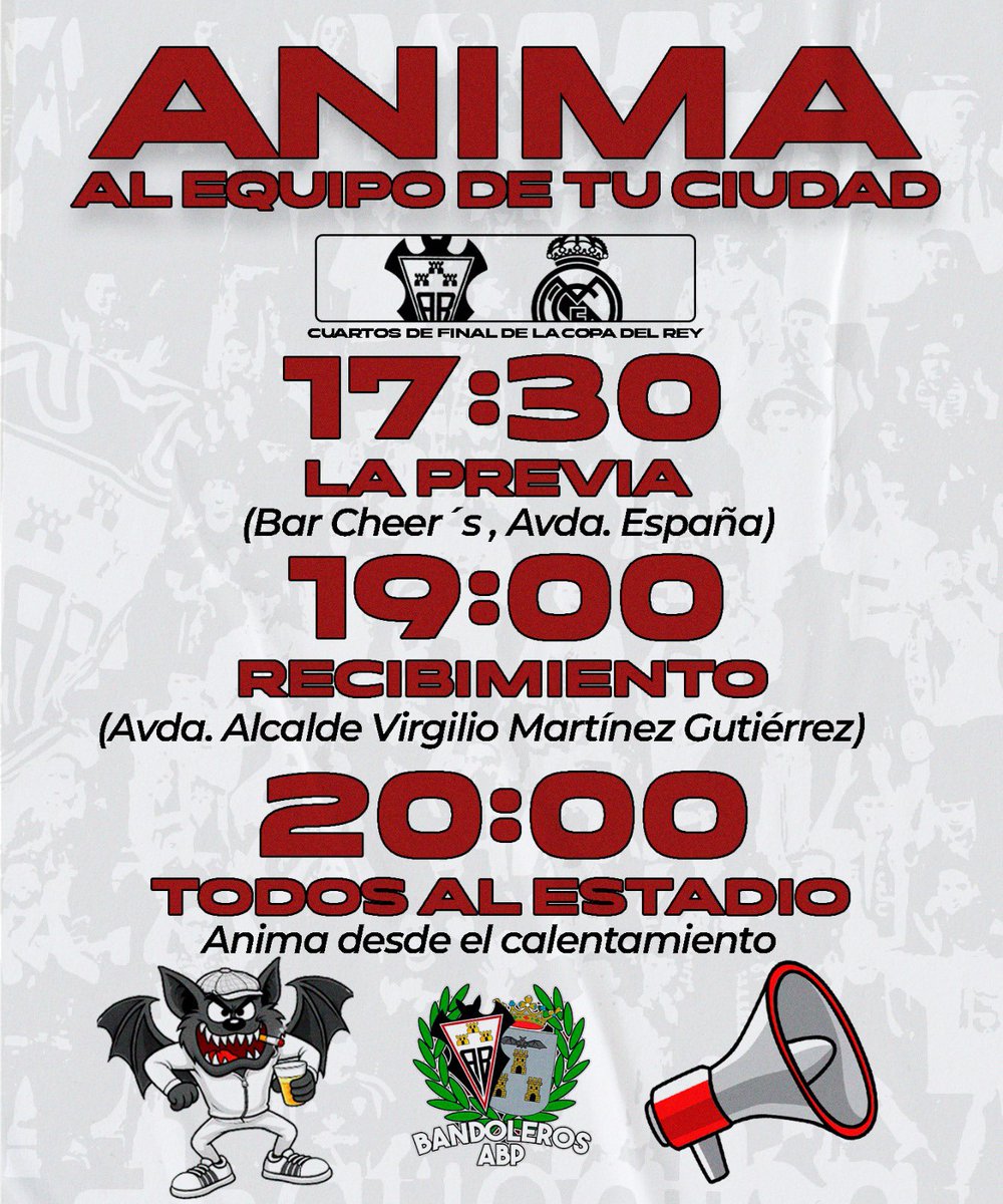 LOCOS POR VERTE GANAR 🏆 
<a href="/AlbaceteBPSAD/">Albacete Balompié 🤍</a> - <a href="/realmadrid/">Real Madrid C.F.</a> 

Nos unimos al RECIBIMIENTO organizado por <a href="/abpfans1940/">ABP FANS</a>