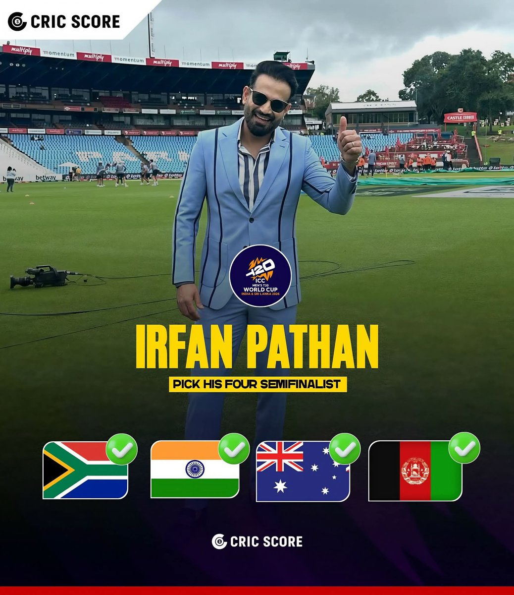 Sahinullahwesal's tweet photo. Do you agree with him?

Irfan Pathan has predicted that Afghanistan, Australia, India, and South Africa will reach the World Cup semi-finals.

#CricScore #Afghanistan #indian #australia #southafrican #T20WorldCup #2026WorldCup
@IrfanPathan @SNaseemSadaat @rashidkhan_19 https://t.co/JC8bscEUJl