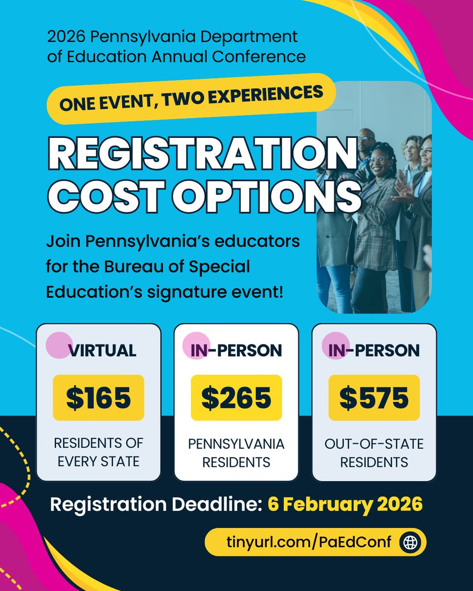 📢 We’re #PaProud to welcome educators to #PDE2026! Learn, connect with colleagues, and grow together—in person or virtually.

💡 Registration Closes Fri. Feb 6

Secure your spot today and start #MakingADifferenceInPa: tinyurl.com/PaEdConf

#SpecialEducationInPa #EdLeadership