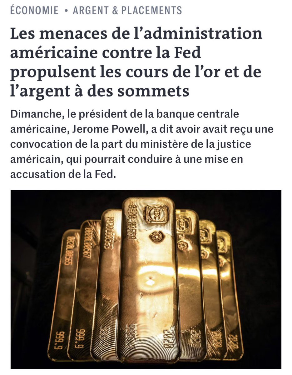 GodotFilsReims's tweet image. [ Dans la Presse ] Le Monde :
« Les menaces de l'administration américaine contre la Fed propulsent les cours de l'or et de l'argent à des sommets ».
👉🏼 Consultez l’article :
lemonde.fr/economie/artic…

#GodotEtFils #Reims #Or #Argent #Investissement