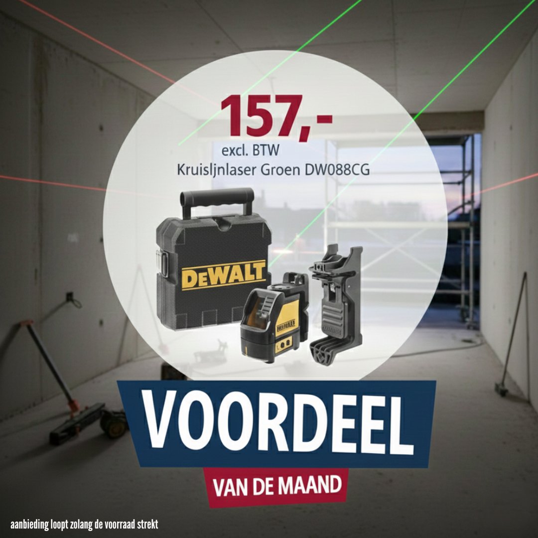 🔥 𝐕𝐨𝐨𝐫𝐝𝐞𝐞𝐥 𝐯𝐚𝐧 𝐝𝐞 𝐦𝐚𝐚𝐧𝐝 🔥  Ben jij op zoek naar uiterste precisie voor je volgende klus? Deze maand hebben we een waanzinnige deal op de DeWalt DW088CG kruislijnlaser met heldere groene stralen!  ✅ Zichtbaarheid: Groen
