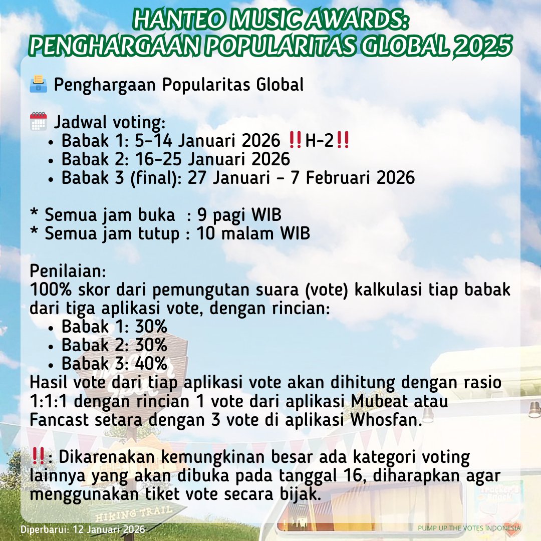 putvotesINA's tweet image. ⏰️ Pengingat Harian 260112⏰️

Vote berjalan:
• Dingo: Killing Voice Returns
• USEN #17
• Muniverse: Weekly MPICK H-2
• HMA 2025 (cek 2 gambar terakhir &amp;amp; tweet yang disematkan untuk detailnya)

Semangat menguli ya PLLI💪🏻💪🏻