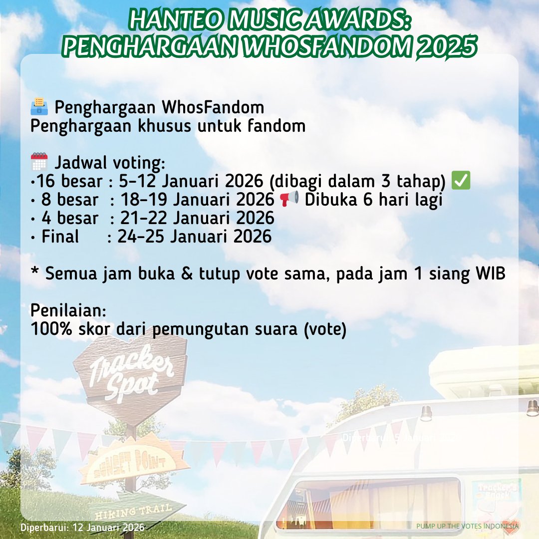 putvotesINA's tweet image. ⏰️ Pengingat Harian 260112⏰️

Vote berjalan:
• Dingo: Killing Voice Returns
• USEN #17
• Muniverse: Weekly MPICK H-2
• HMA 2025 (cek 2 gambar terakhir &amp;amp; tweet yang disematkan untuk detailnya)

Semangat menguli ya PLLI💪🏻💪🏻