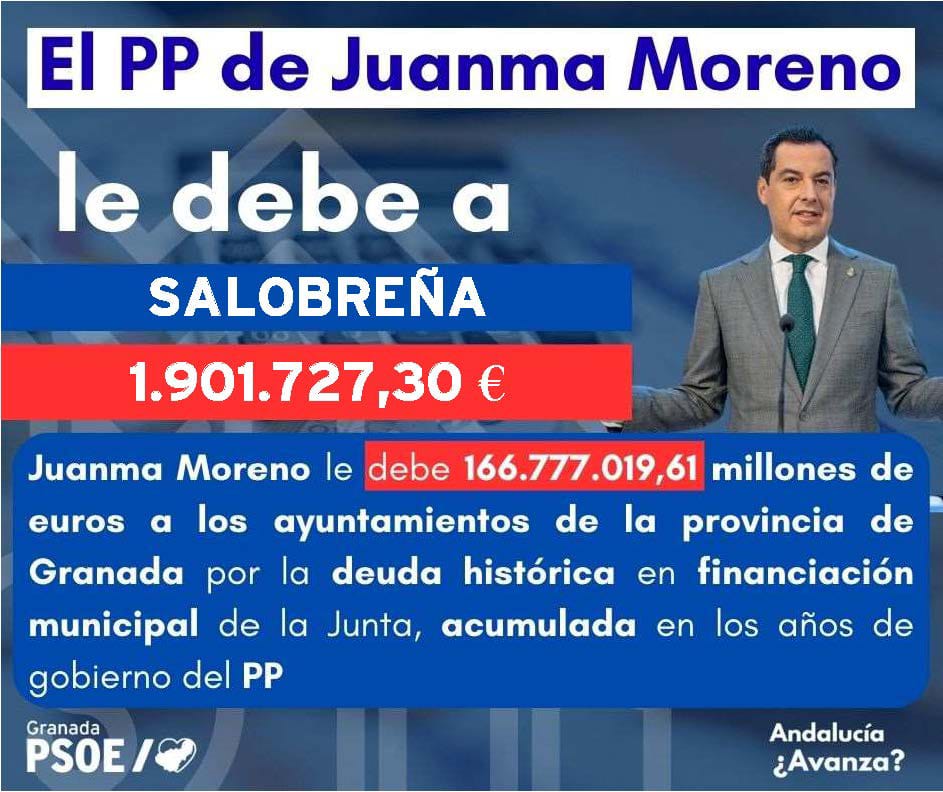 La Junta del PP abandona a #Salobreña: nos debe 1,9 millones de €. 💸

​Un dinero que debería estar en nuestras calles, parques e infraestructuras y que Juanma Moreno nos niega. ¡Exigimos lo que es de nuestros vecinos! 📢

​#Granada #Andalucia #GestiónPP