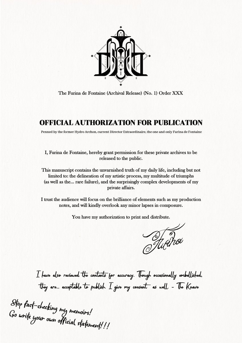 ArlefuriZine's tweet image. We've received a few concerned queries regarding the ethics of distributing Furina's private diary (and snooping on #arlefuri's relationship!)

If you're worried, fear not! Miss Furina de Fontaine herself will clear the air!