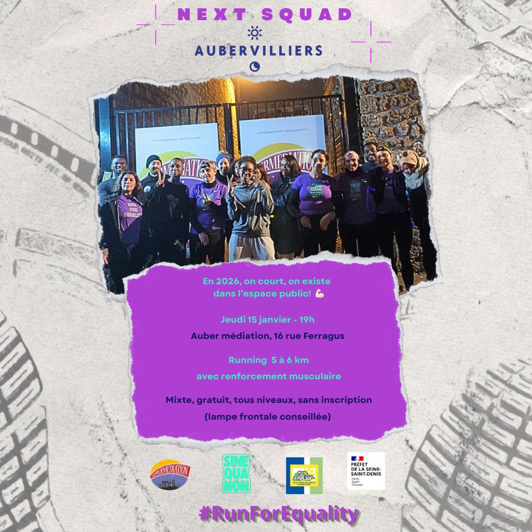 🏃‍♀️ Courir ensemble, c’est aussi prendre sa place dans l’espace public.

RDV ce jeudi 15 janvier à 19h pour la reprise des runnings avec avec <a href="/SineQuaNonAsso/">Sine Qua Non</a> .

#NextSquad #RunForEquality #Aubervilliers