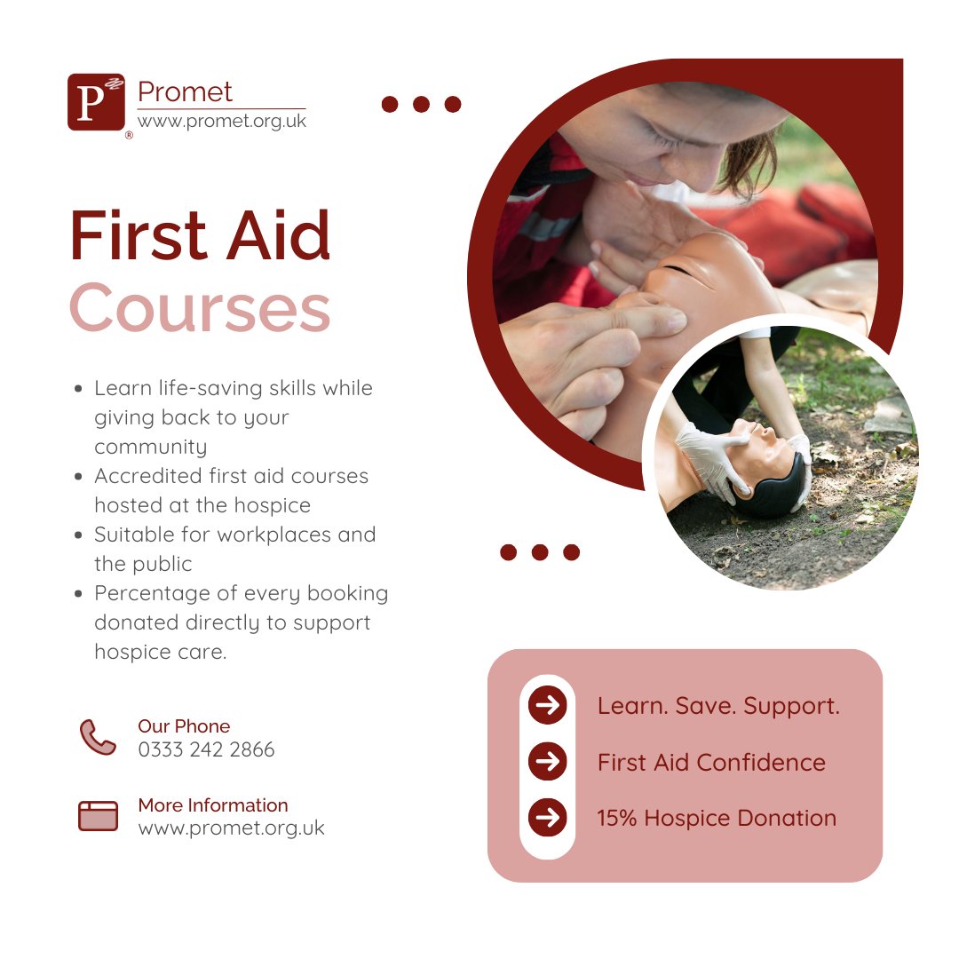 Promet_Training's tweet photo. Gain essential first aid skills while supporting @StMichaelsHosp. We donate 15% of the profit from every course held at the hospice back to their vital work.
Book now at https://t.co/W6ejDHi3FX
@YourHereford1 
#firstaid #firstaidtraining #hereford #herefordshire https://t.co/rs17sMG5un