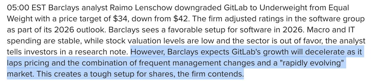 GitLab $GTLB dual downgrades from Morgan Stanley and Barclays today. Trading at 5.3x EV/sales with +24% revenue growth, 119% dollar-based net retention. Valuation appears reasonable, but it has been difficult to fight the negative narrative base on AI disruption fears. No