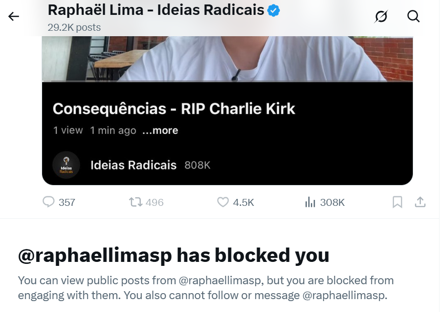 Liberal raiz: "Posso não concordar com o que você diz, mas defenderei até a morte o seu direito de dizê-lo"

Liberal nutella (<a href="/ideiasradicais/"></a> e cia): "Ele riu de mim, vou bloquear 😭😭😭😭"