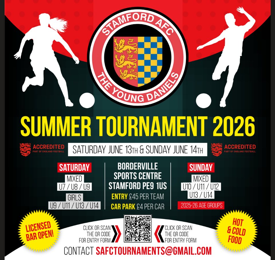 ⚽️⚽️ STAMFORD FOOTBALL FESTIVAL 13/14 JUNE 2026 ⚽️⚽️

Register your teams for a fantastic weekend of grassroots football;

🏅 Medals for every player
🏆 Trophies for each age group winners
⚡️ Quick turn around games

Register here: forms.gle/bBi3GkLchmcoUe…

#grassrootsfootball