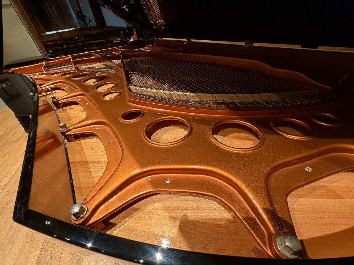 とあるリハーサルで弾かせていただいた、荘厳でド迫力グランドピアノ。ベーなんとか。ロゴのフォントがカッコいい！
奥行きもデカいしいつもより多い黒い鍵盤がある。オルガン視点だと音色切り替え？に見えるけど、単純にもっと低い音が出るみたい。