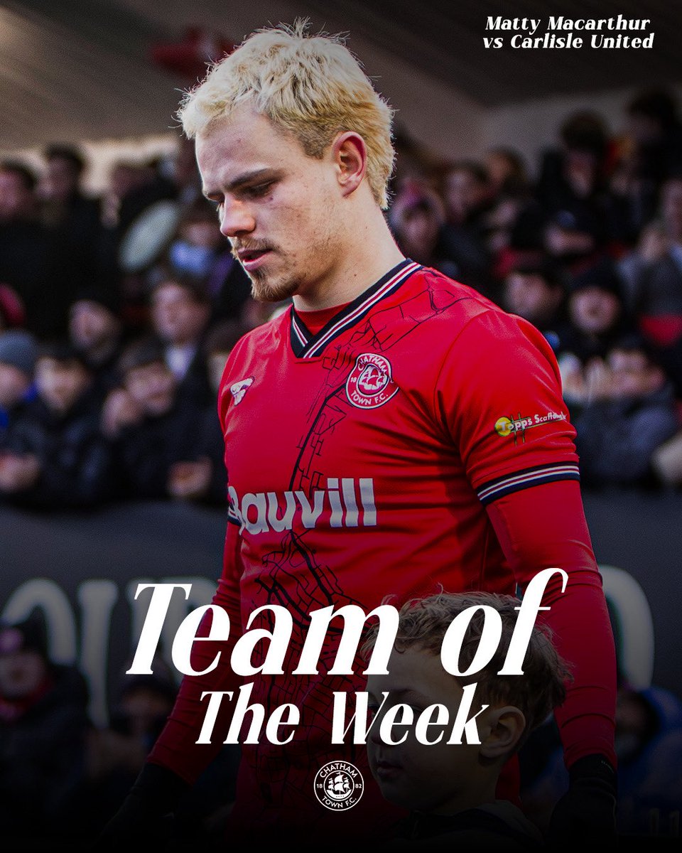 ChathamTownFC's tweet photo. TOTW ⭐️

Congratulation to Matty Macarthur, who features in the @KentOnlineSport Team of the Week following his performance at the weekend! 👏

🔴⚪️⚫️ #UpTheChats https://t.co/FWdtauJQIN