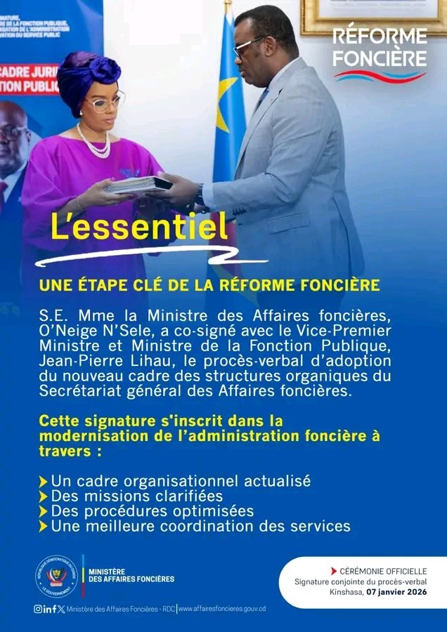 L'Essentiel de la co-Signature ce mercredi 07/01 du procès-verbal d’adoption du nouveau Cadre organique aligné sur les objectifs innovateurs déclinés dans la réforme foncière (loi n°25/62 du 30 décembre 2025) et sur les impératifs de modernisation du Service Public.