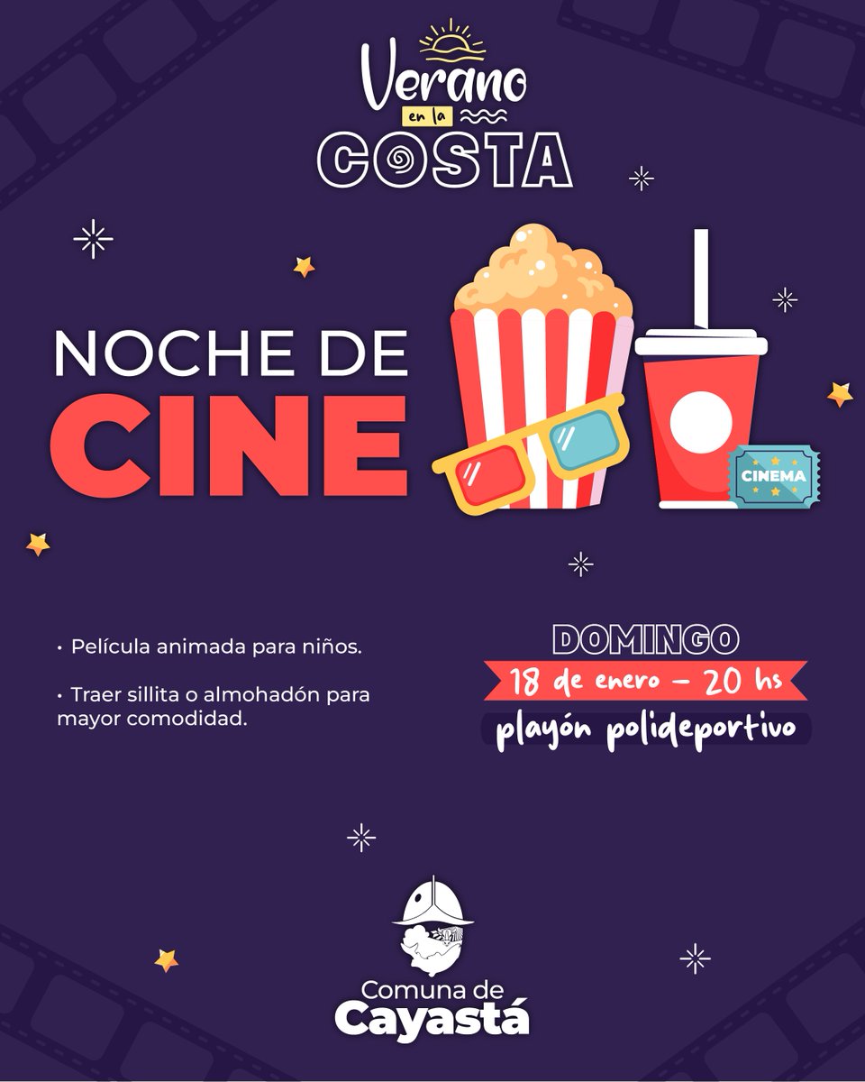 comuna_cayasta's tweet photo. 🎬🍿 Noche de Cine en la Costa

Este domingo 18/01 a las 20 hs te esperamos en el Playón Polideportivo para disfrutar de una película animada para niños 🌙✨

Traé tu sillita o almohadón y vení a compartir en familia.

🎞️ #VeranoEnLaCosta https://t.co/YHthKv1ZyS