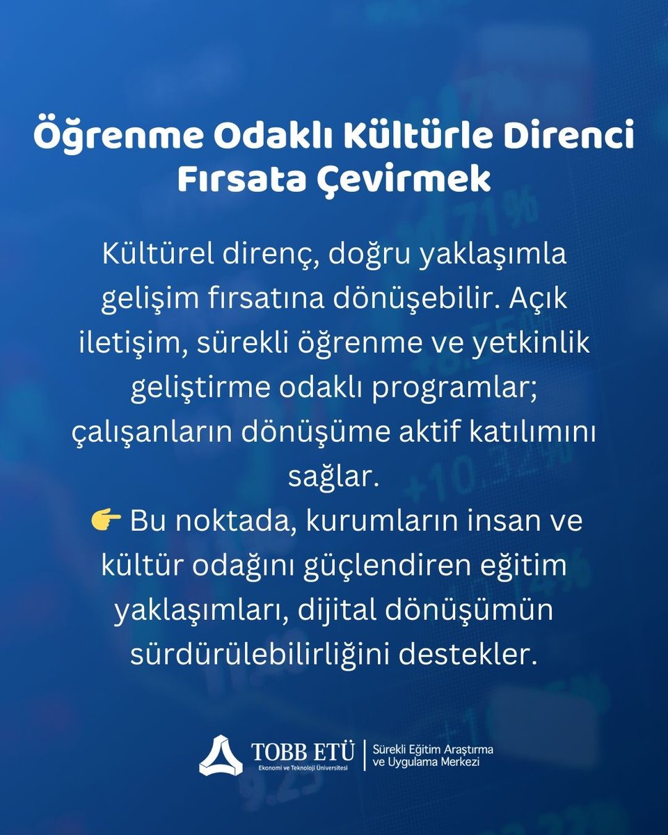 Dijital Dönüşümde Kültürel Direnç

📧sem@etu.edu.tr

📞 (312) 292 41 02 / 42 02 / 42 03

#gelişim #kişiselgelişim #kurumsaleğitim #uzaktaneğitim #onlineeğitim #kariyer #motivasyon #sertifika #eğitimsertifikası #kariyerfirsatı #müzakere #startup #müzakeresanatı #finanseğitimi