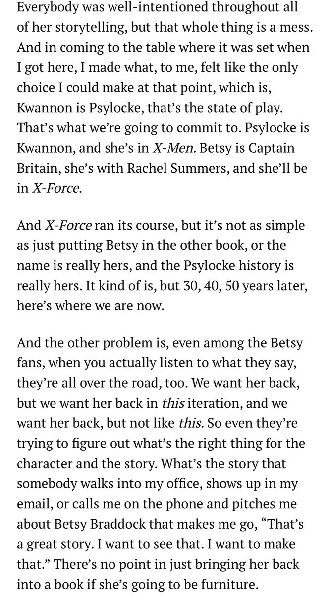 MentalMonarch's tweet photo. “There’s no point in bringing her back in a book if she’s just going to be furniture.”

Tom Brevoort discusses his roadblocks with Betsy and fan reception to her status. https://t.co/pk3MCmpnE8