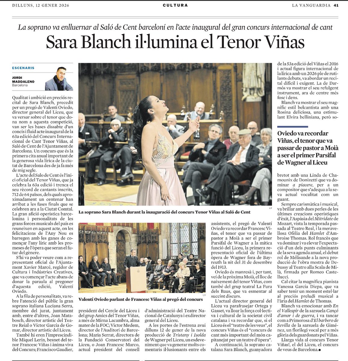 JordiMadd's tweet image. Article #Escenaris #Escenarios sobre l’acte inaugural 63a ed. @ConcursoVinas a @LaVanguardia 
Amb un preciós #recital de @SaraBlanch_SB acompanyada al piano per V.#GarciaDiepa al #SalóDeCent @bcn_ajuntament #ValentíOviedo @Liceu_cat #ópera #Barcelona #Liceu