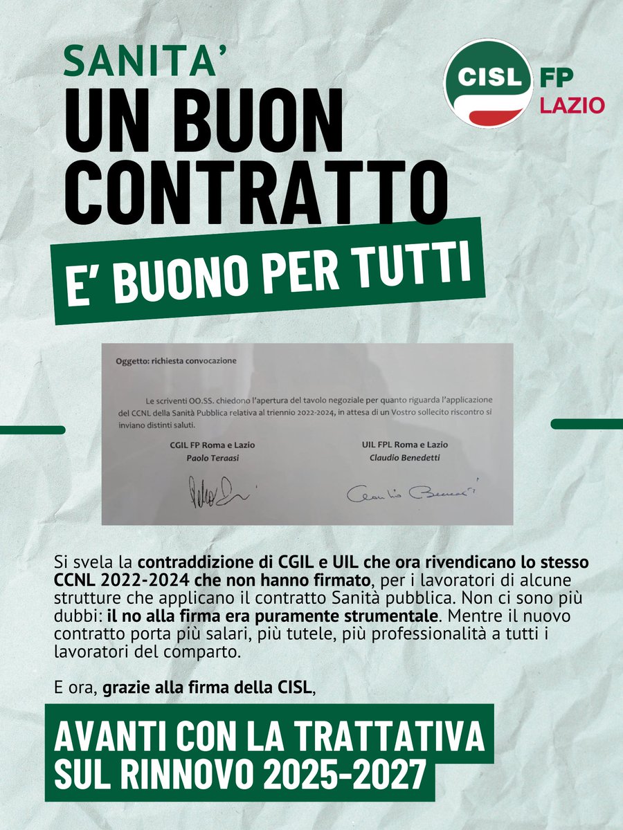 cisl_fplazio's tweet image. 𝗦𝗔𝗡𝗜𝗧𝗔̀. 𝗨𝗡 𝗕𝗨𝗢𝗡 𝗖𝗢𝗡𝗧𝗥𝗔𝗧𝗧𝗢 𝗘’ 𝗕𝗨𝗢𝗡𝗢 𝗣𝗘𝗥 𝗧𝗨𝗧𝗧𝗜!

Cgil e Uil rivendicano il #contratto che NON hanno firmato: il no al #CCNL 2022-2024 #Sanità pubblica era puramente strumentale. 

Ora grazie alla #CISL, avanti con la trattativa sul rinnovo 25-27!