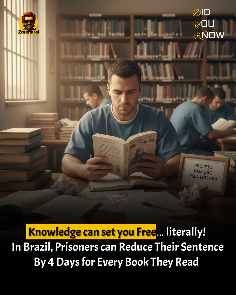 Zoumarai's tweet image. Did You Know? 

In Brazil, Reading Can Reduce Prison Sentences! 🇧🇷 📚

In Brazil, prisoners can reduce their sentence by 4 days for every book they read but there’s a catch, 👀

#readingisfreedom #prisoneducation #bookschangeeverything