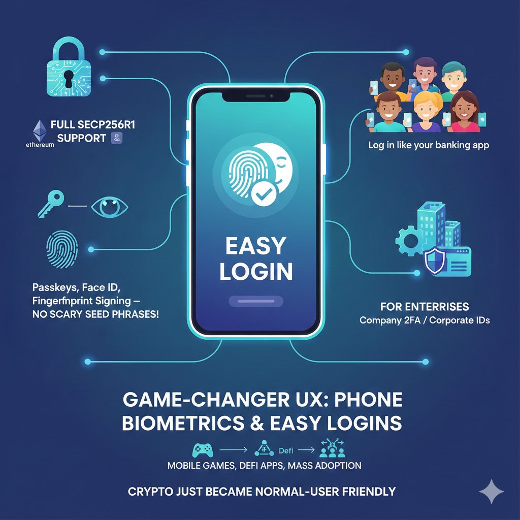 5/7 🌟Game-Changer UX: Phone Biometrics & Easy Logins ⛓️⚙️Big one → Full  secp256r1 support (aligned with Ethereum Fusaka). 🚪Enables: Passkeys, Face  ID, fingerprint signing – no scary seed phrases! 🐣For normies: Log