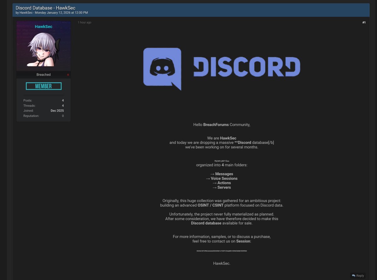 seblatombe's tweet image. 🚨 Fuite de données - Discord (à confirmer)

Le groupe de hackers HawkSec affirmerait vendre une base de données Discord de plus de 78 MILLIONS de fichiers, issue d’une collecte OSINT/CSINT menée sur plusieurs mois.

Les données incluraient messages, sessions vocales, actions et…