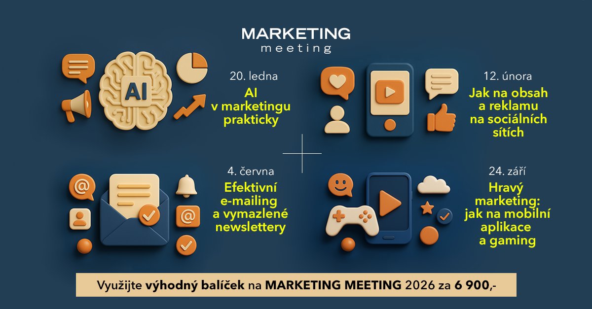 4 konference, 1 balíček. MARKETING MEETING je série praktických online akcí pro marketéry, letos pokryje AI v marketingu, sociální sítě, e-mailing i gaming. Výhodný roční balíček pořídíte za 6 900 Kč a ušetříte tím dohromady 3 860 Kč. 1url.cz/OJAuG #MMPrague