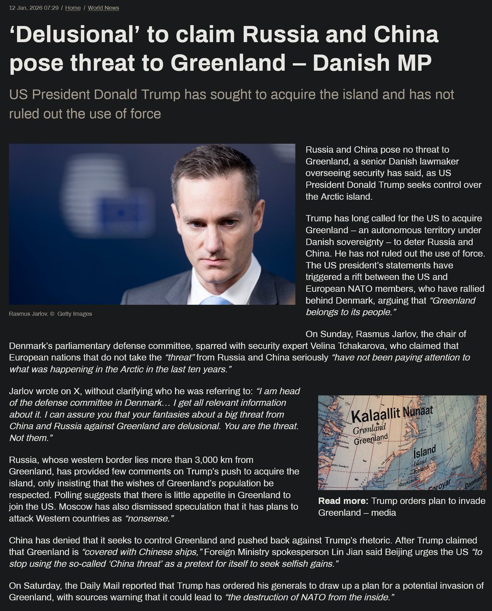 ConTorrents's tweet image. ‘Delusional’ to claim Russia and China pose threat to Greenland – Danish MP 
#WW3 #NATO #imperialism #dictator