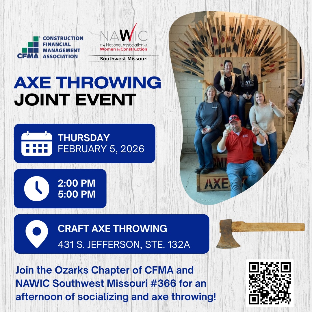 🎯 Join us!

📅 Thursday, February 5, 2026
⏰ 2:00–5:00 PM
📍 Craft Axe Throwing | 431 S. Jefferson, Ste. 132A

Register now ➧➧ bit.ly/44W8wrk

#CFMAOzarks #NAWIC #CFMA #AxeThrowing #BuildConnections