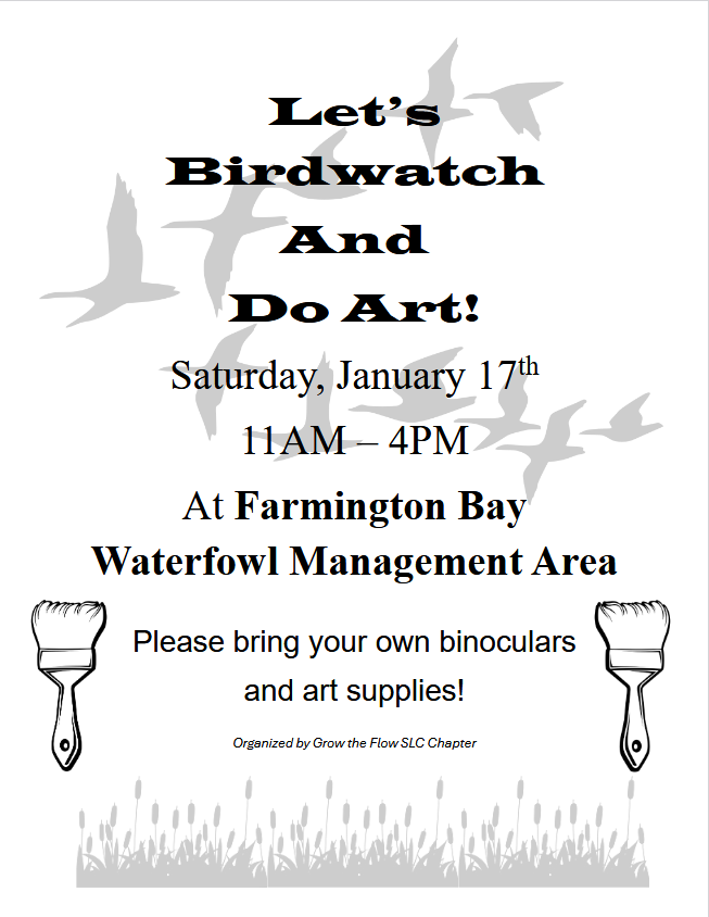 DavisCountyLib's tweet image. Our friends at Grow the Flow are hosting an art experience at the Farmington Bay Waterfowl Management Area.  Bring your binos and whatever art supplies you need and get creative! Saturday, January 17 from 11 am to 4 pm.
