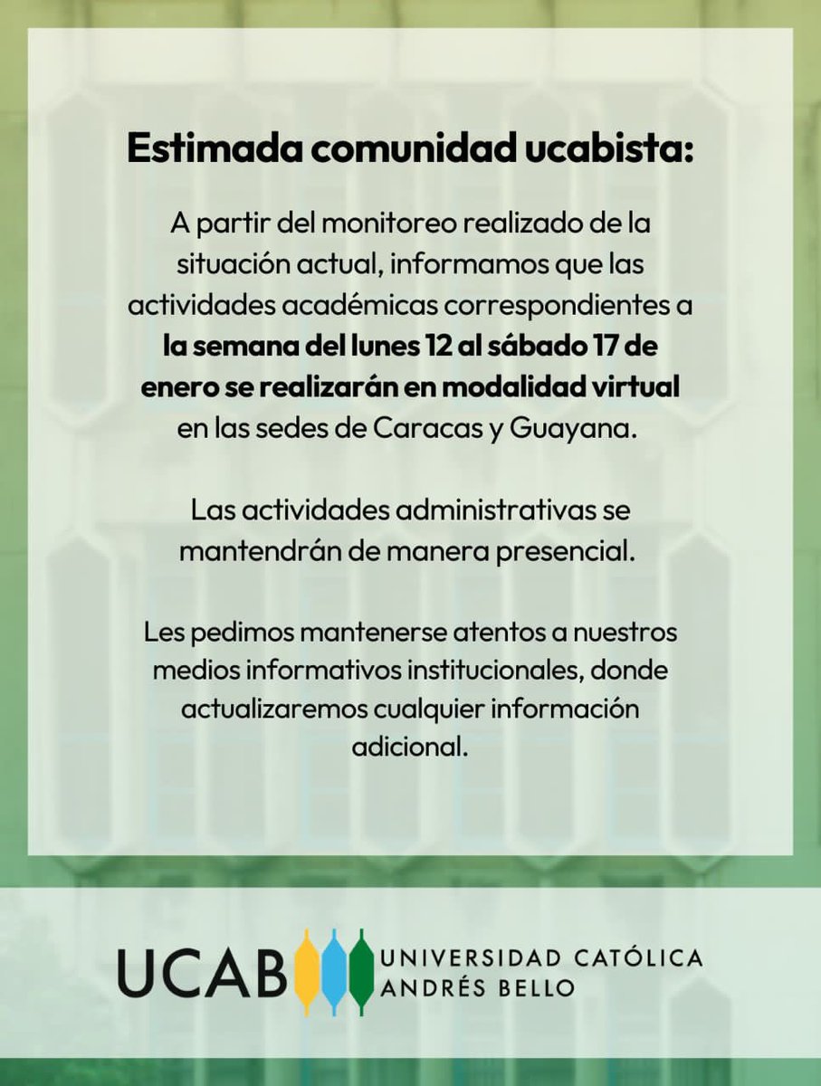 Ulul4r's tweet photo. ATENCIÓN 

Hay poca afluencia en las escuelas.

Sobre las universidades la mayoría comienzan el lunes próximo o las aulas serán de manera virtual. 

Adjunto comunicado de la UCAB https://t.co/bF2ziOgLvO