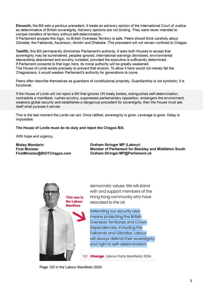 christiancalgie's tweet image. Labour MP Graham Stringer has written a joint letter to members of the House of Lords, alongside the Chagos first minister, calling on them to vote against today’s third reading of the surrender bill
