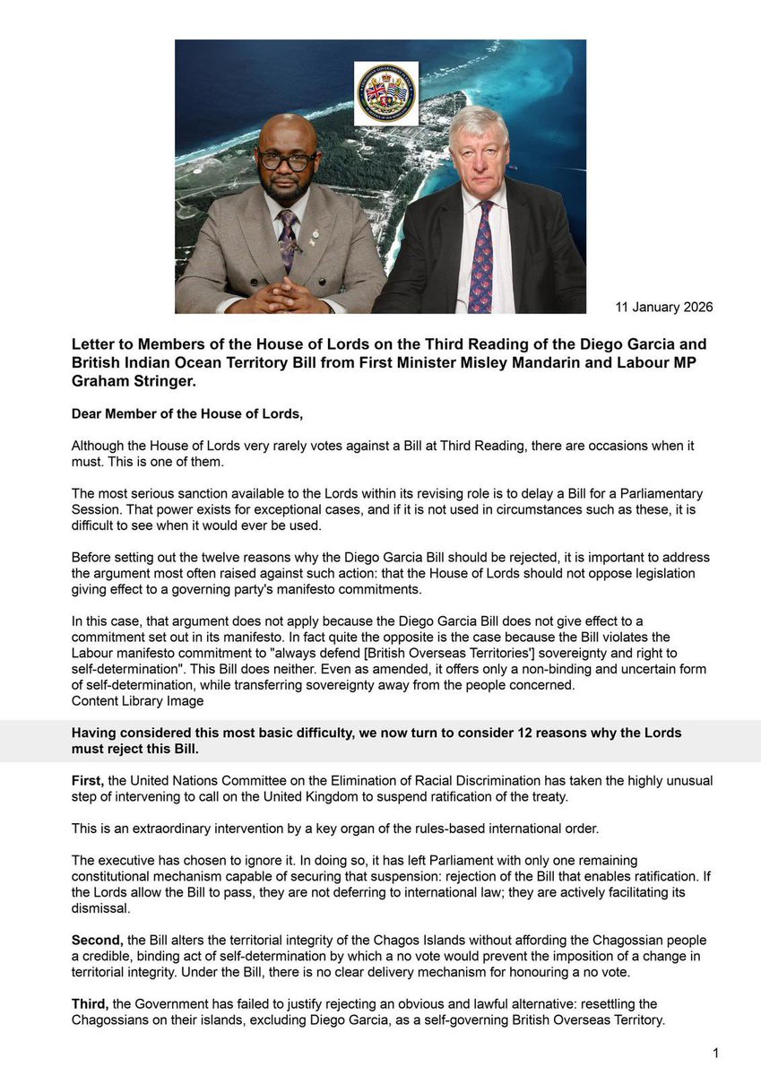 christiancalgie's tweet image. Labour MP Graham Stringer has written a joint letter to members of the House of Lords, alongside the Chagos first minister, calling on them to vote against today’s third reading of the surrender bill