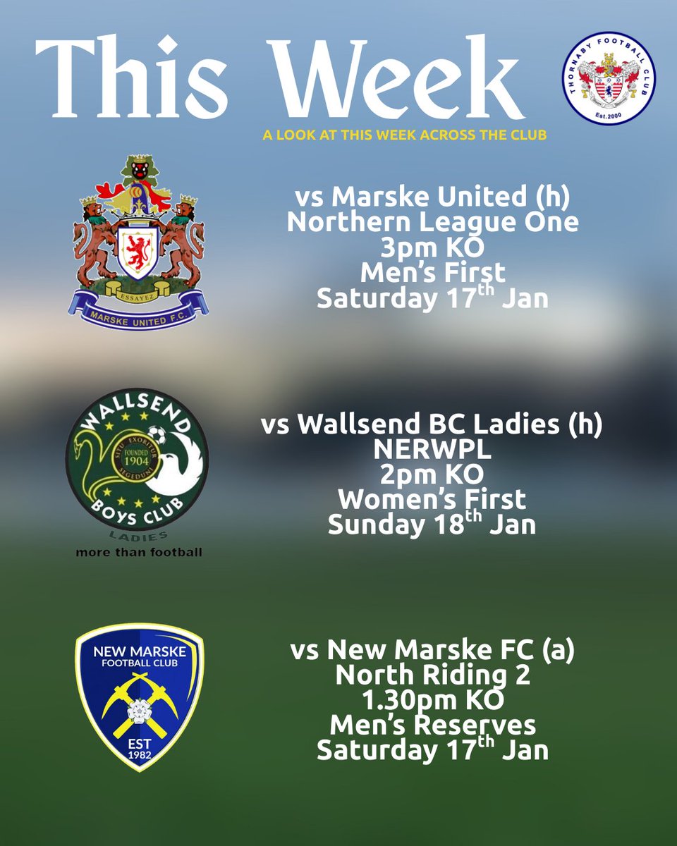 A look at this week's fixtures across the club 🙌

It's a double header at Teesdale Park as the men's first face off against Marske United and our Women's first host Wallsend BC Ladies

Elsewhere, <a href="/Thornaby23s/">Thornaby FC Reserves</a> travel to New Marske FC, as they look to play their first game since