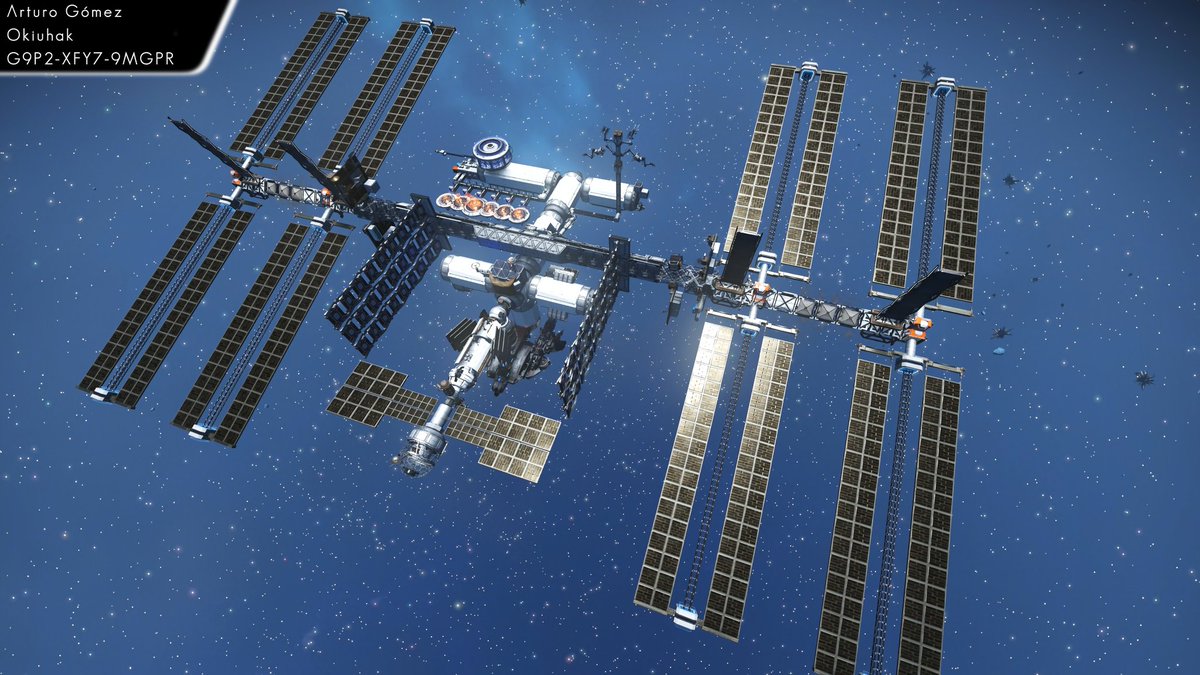 ylharn's tweet photo. @Space_Station @NASA @SpaceX Hey, I made a replica of the ISS in the video game No Man's Sky as a kind of tribute.

Although I have no idea what it looks like inside, I based the exterior shape on the 3D model on the NASA website. https://t.co/5uKp0ZabBp