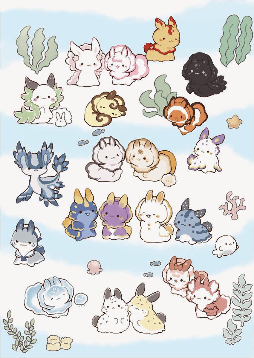時間ができたらリクエストを募集していろんなウミウシを作る企画やりたいなーって思いながら描いた絵です
（現実にいるウミウシモチーフでも、食べ物などをモチーフにした架空ウミウシでも）