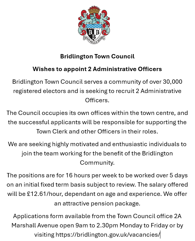 bridtowncouncil's tweet photo. We are looking to appoint 2 Administrative Officers to support the Council in the day to day running of council business.

The closing date for applications is the 2nd of February 2026.
Follow this link for further information:
https://t.co/iAqH8sTXF4 https://t.co/vnhdTCR1eV