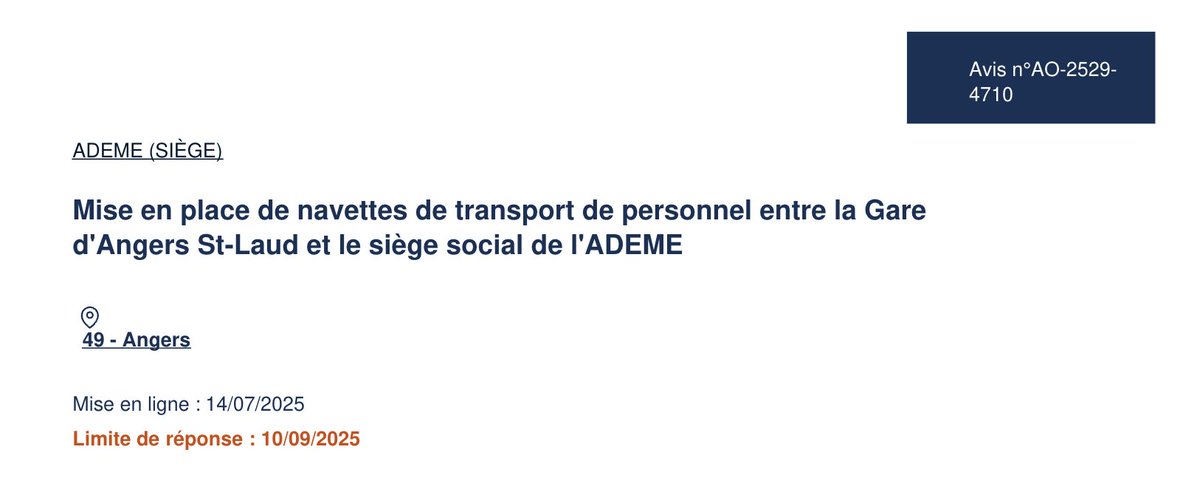 Fans de l'Ademe, savez vous que l'agence de la sobriété énergétique a une navette sur mesure pour relier son siège à la gare d'Angers Saint-Laud en 10mn (au lieu de 15mn de bus et 10mn de marche) ? Ici l'appel d'offre, pour renouveler le marché.